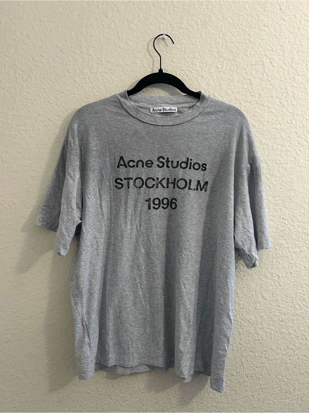 Acne Grey Crewneck T-Shirt with Black 'Stockholm 1996' Logo